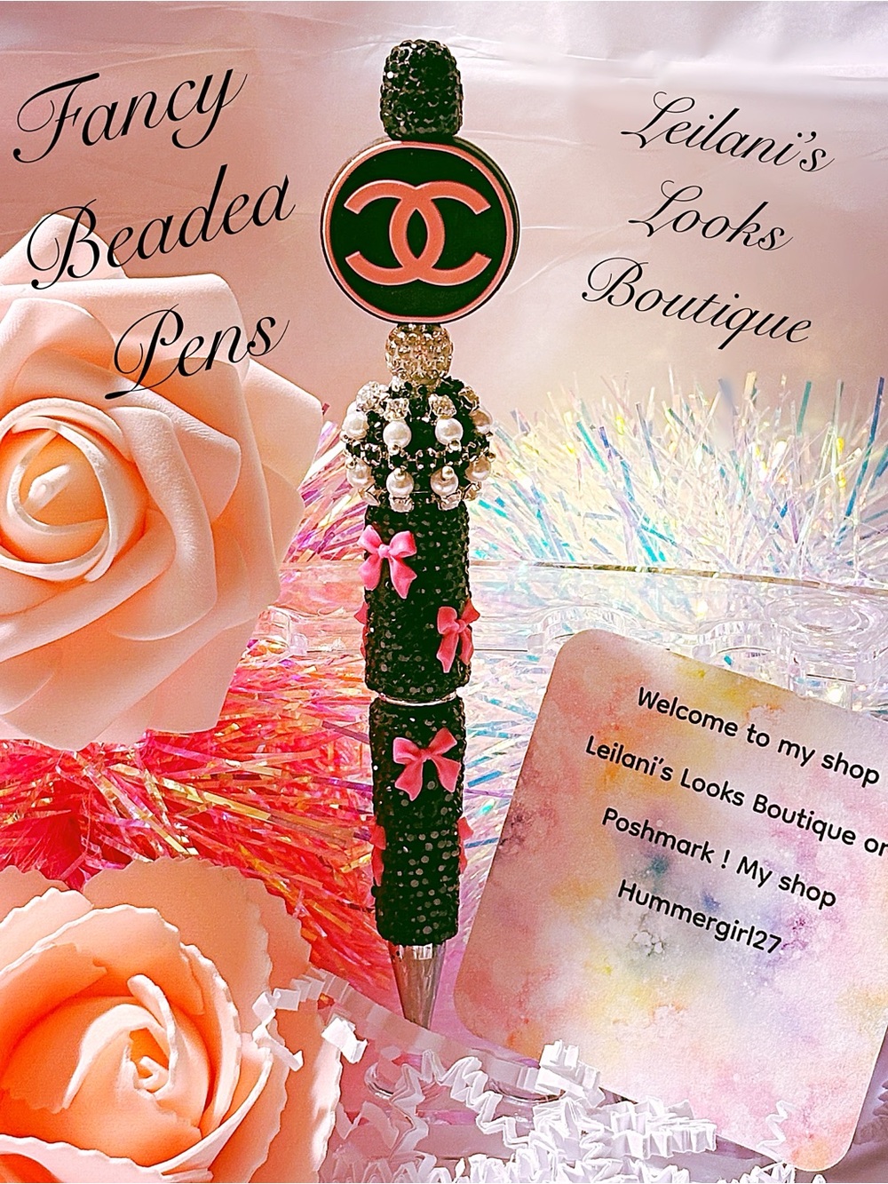Fancy beaded Pen/gifts/black beads/pink bows/
